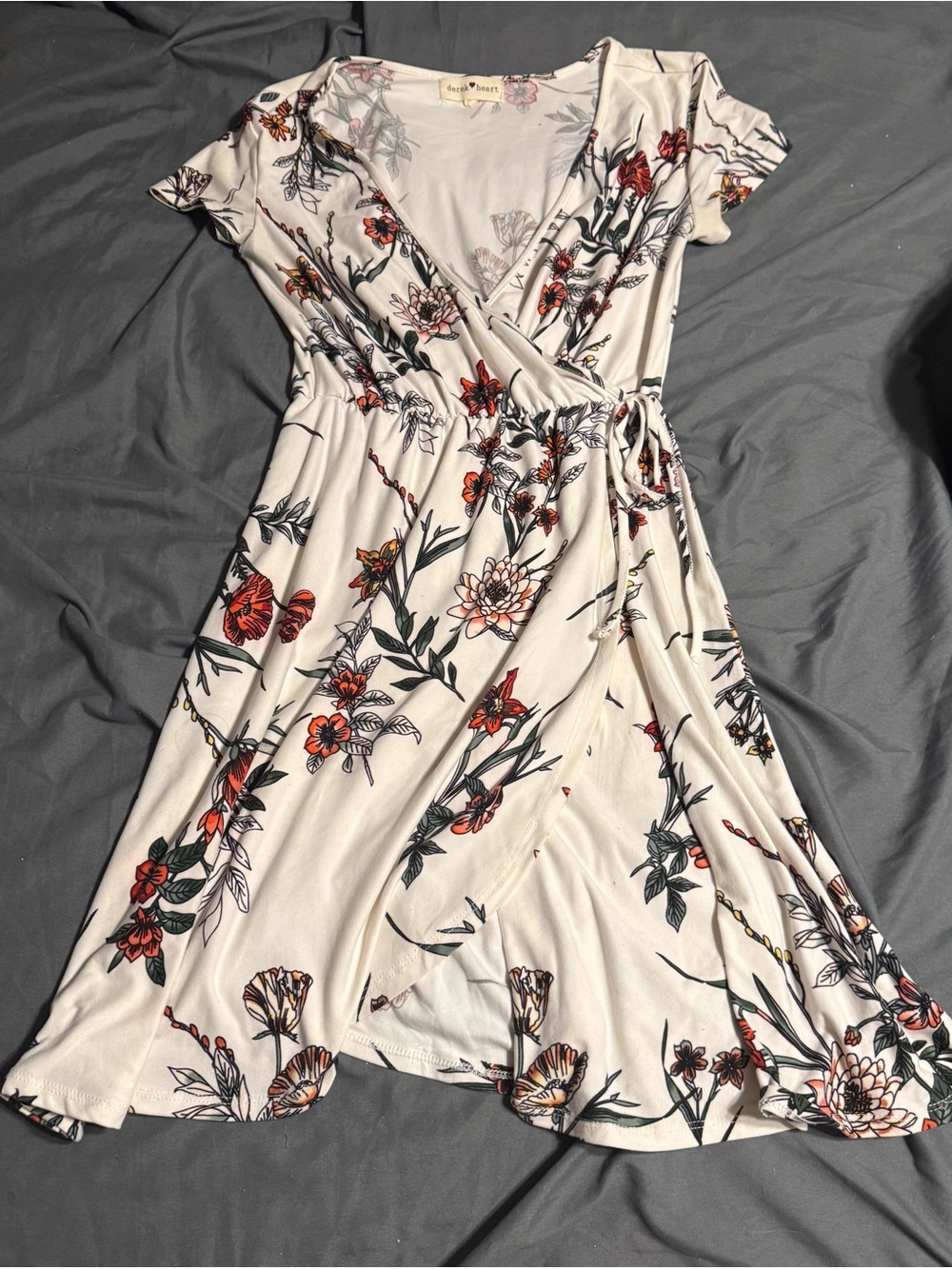 Derek Heart Ivory Midi Wrap Dress with Red & Green Floral Print